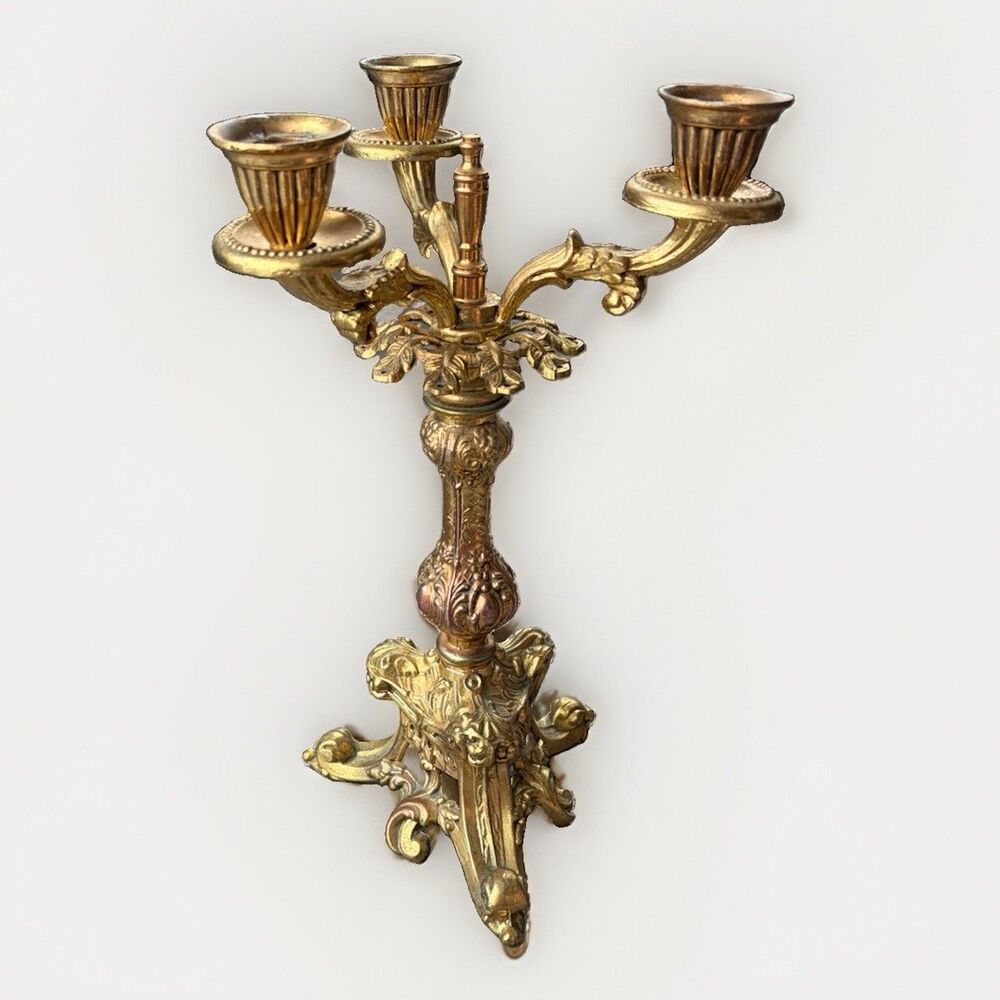 Vintage Brass Candelabra Ornate 3 Lite Candle Holder Regency French Baroque 13.5